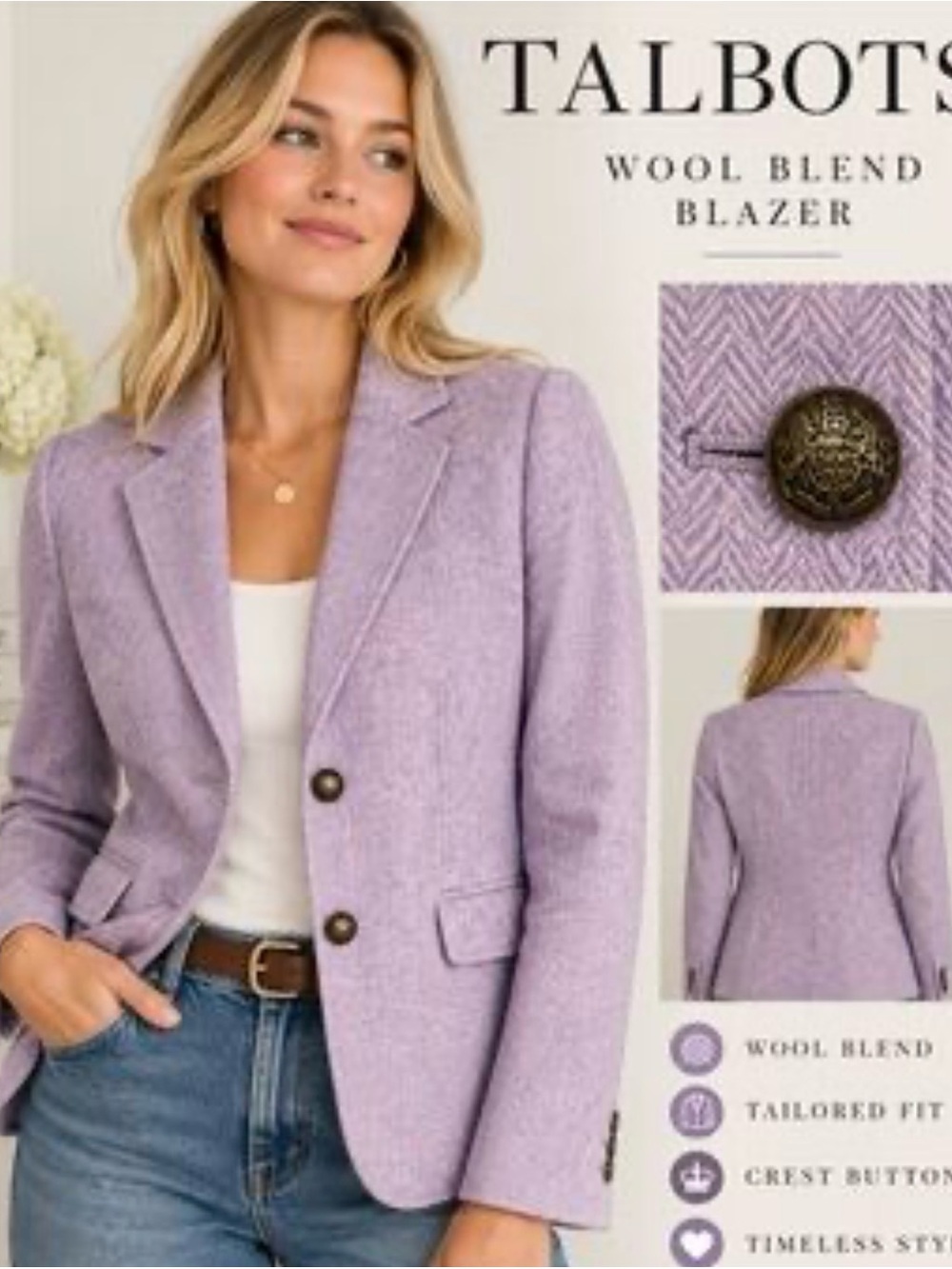 Talbots Classic Shetland Wool-Blend Blazer in Lilac Herringbone
